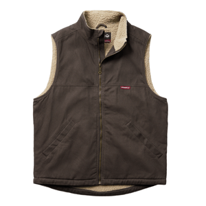 A brown fleece-lined vest with a full front zipper and two angled front pockets.