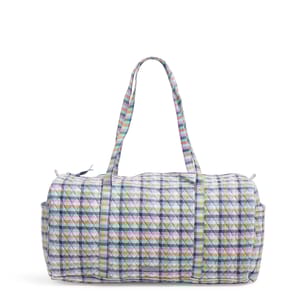 A duffel bag with a multicolored checkered pattern, featuring two handles and a rounded body shape.