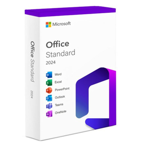Microsoft Office Standard 2024 box with Word, Excel, PowerPoint, Outlook, Teams, and OneNote logos.