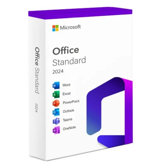Microsoft Office Standard 2024 box with Word, Excel, PowerPoint, Outlook, Teams, and OneNote logos.