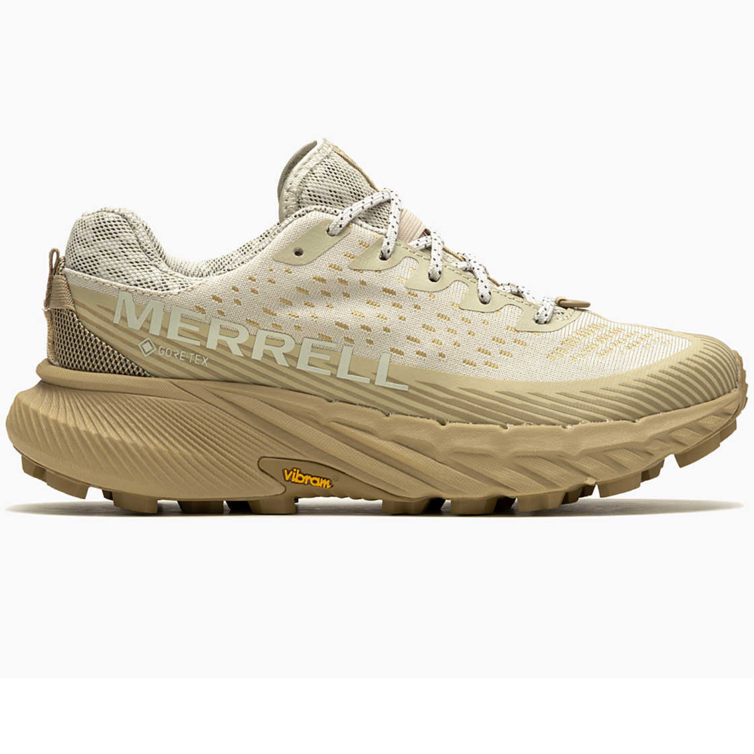 A beige Merrell hiking shoe with a Vibram sole and GORE-TEX branding.