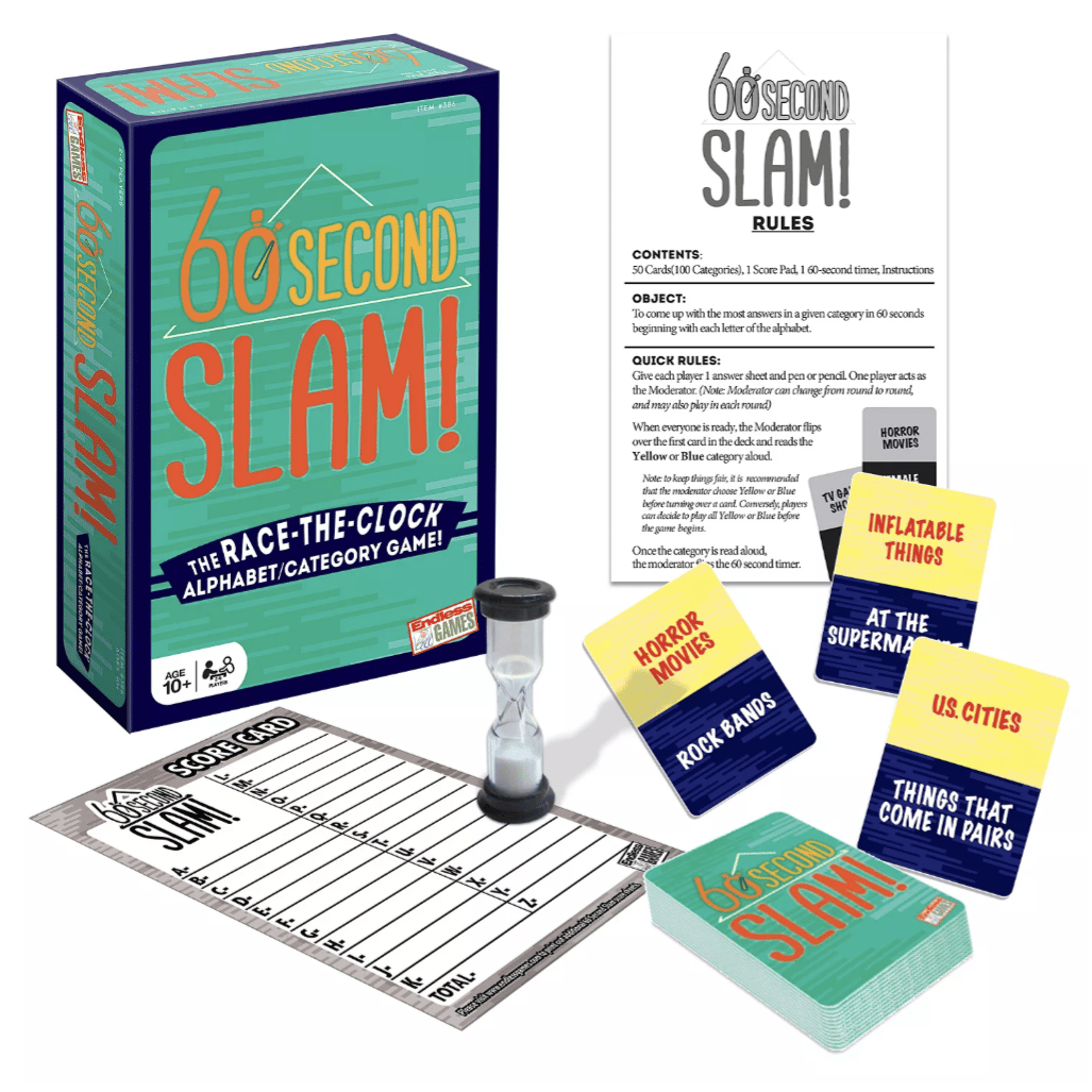 60 Second Slam! is a race-the-clock alphabet/category board game for ages 10+, featuring 50 category cards, a score pad, a 60-second timer, and instructions, encouraging quick thinking to list items in a category using each letter of the alphabet.