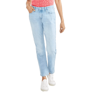 Light blue mid-rise relaxed jeans with a straight leg cut, featuring a five-pocket design and paired with white sneakers.