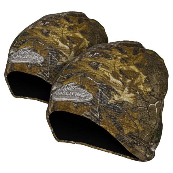 Two camouflage beanies with Realtree branding, designed for outdoor activities, featuring a brown and green leaf pattern for blending into natural surroundings.