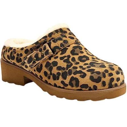 Leopard print clog with a faux fur lining, featuring a chunky heel and a strap across the top.