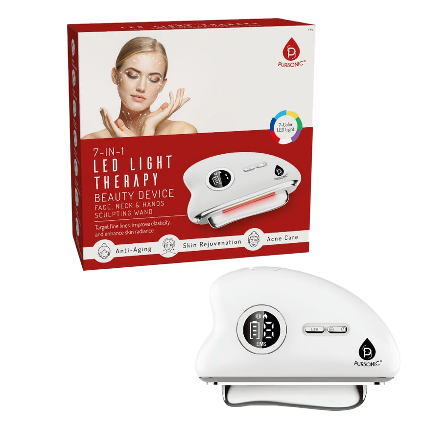 7-in-1 LED Light Therapy Beauty Device for face, neck, and hands by Pursonic, offering anti-aging, skin rejuvenation, and acne care benefits with 7-color LED lights.