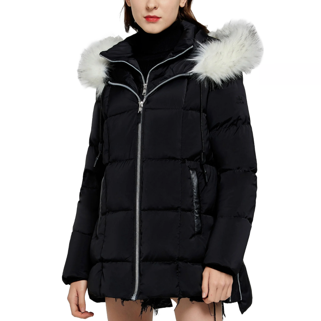 A black puffer jacket with a detachable hood featuring white faux fur trim. It has a front zipper closure, side zippered pockets, and a quilted design for warmth.