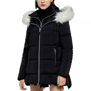 A black puffer jacket with a detachable hood featuring white faux fur trim. It has a front zipper closure, side zippered pockets, and a quilted design for warmth.