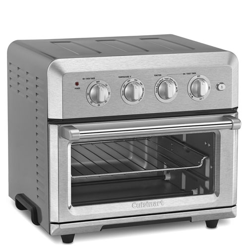 A stainless steel Cuisinart air fryer toaster oven with a transparent door and four control knobs for power, temperature, function, and timer settings.