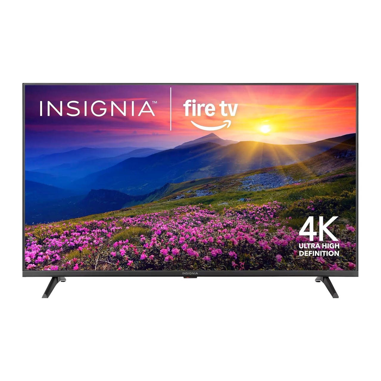 Insignia 50\“ Fire TV features 4K Ultra High Definition, offering integration with Amazon Fire TV for streaming services, and displays a scenic landscape image on the screen.