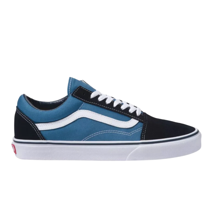 Navy blue and black sneaker with a white side stripe, white laces, and white sole, featuring a low-top design.