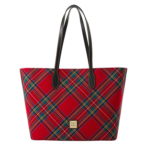 Large tote bag with a bright red tartan plaid pattern, featuring black leather straps and a Dooney & Bourke logo patch on the front.
