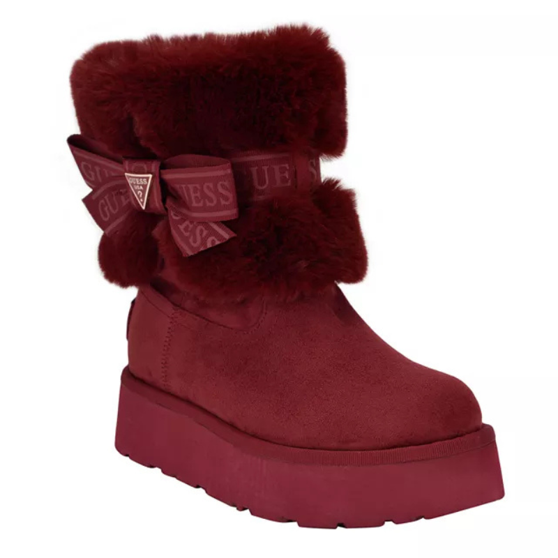 Guess Faux Fur Cozy Booties in deep red feature a plush faux fur trim and a decorative ribbon with the Guess logo, set on a platform sole for added height and warmth.