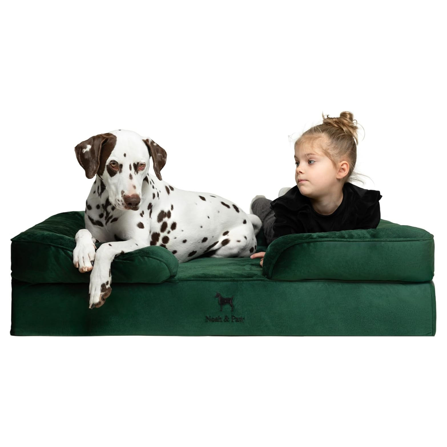 A Dalmatian and a child are resting on a dark green cushioned pet bed with armrests, branded with \“Nash & Paw.\“