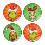 A set of four round plates featuring characters from \“How the Grinch Stole Christmas,\“ including the Grinch, Cindy Lou Who, and Max the dog, each with festive red and green backgrounds.