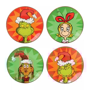 A set of four round plates featuring characters from \“How the Grinch Stole Christmas,\“ including the Grinch, Cindy Lou Who, and Max the dog, each with festive red and green backgrounds.
