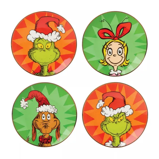 A set of four round plates featuring characters from \“How the Grinch Stole Christmas,\“ including the Grinch, Cindy Lou Who, and Max the dog, each with festive red and green backgrounds.