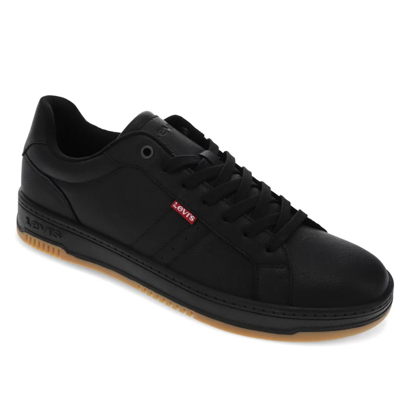 Black Levi's sneaker with a gum sole, featuring a red Levi's logo tag on the side and black laces.