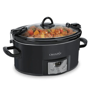 Crock-Pot slow cooker with a digital timer display, featuring a glass lid and handles, containing a stew with various vegetables and meats.