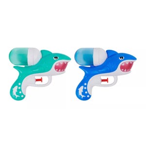 Two shark-shaped water blasters in teal and blue, featuring a water tank on top and a trigger for activation. Each handle has a shark silhouette design.