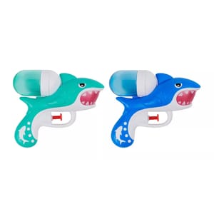 Two shark-shaped water blasters in teal and blue, featuring a water tank on top and a trigger for activation. Each handle has a shark silhouette design.