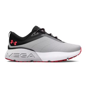 Under Armour HOVR Mega Shoes feature a sleek design with a grey and black upper, red detailing, and a thick white sole with \“MEGA\“ embossed. They provide cushioning and support, suitable for running or athletic activities.