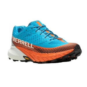 Merrell trail running shoe in bright blue and orange with a Vibram sole for traction.