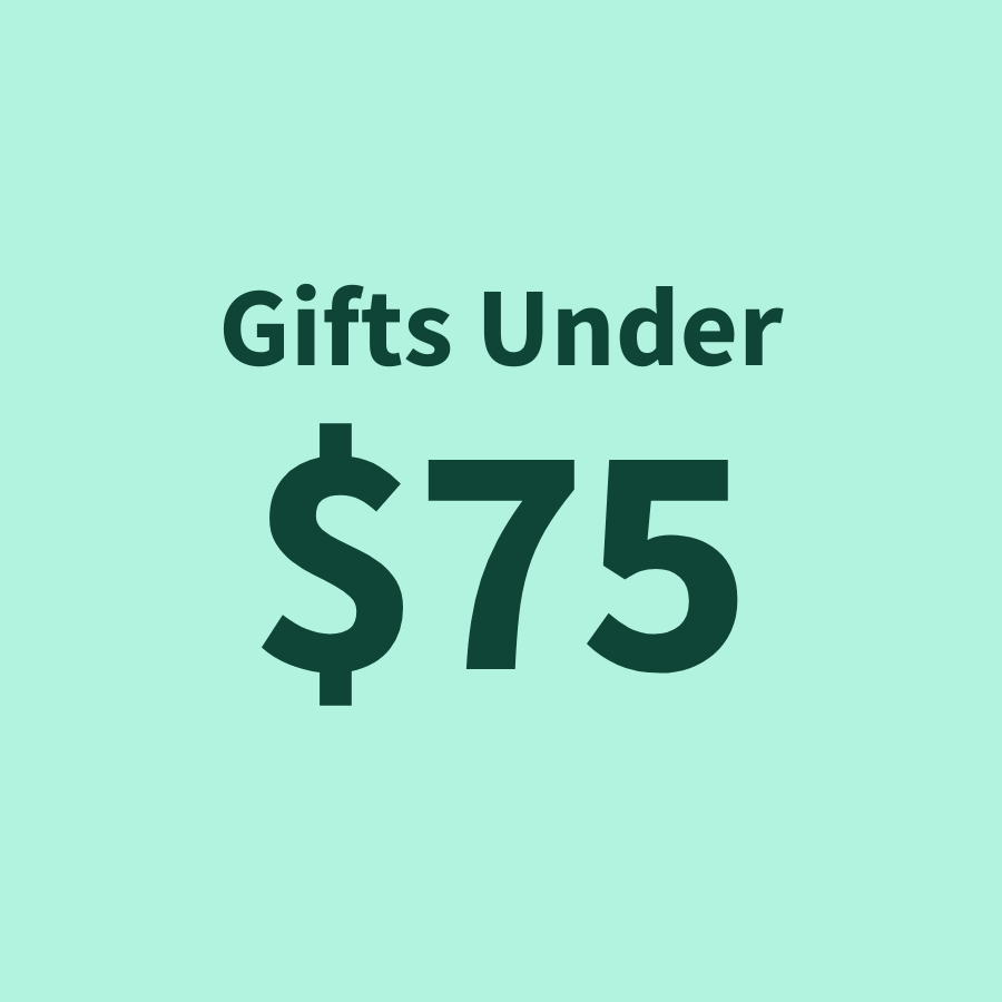 \“Gifts Under $75\“ is displayed on a light green background.