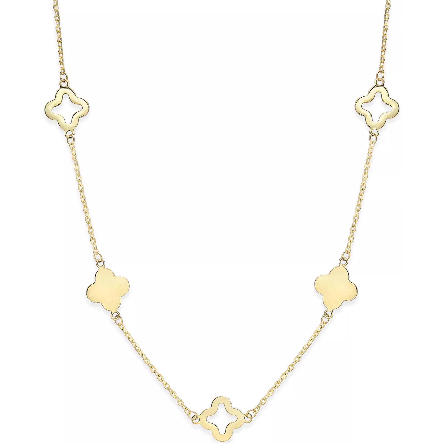 A necklace with alternating solid and open quatrefoil-shaped motifs on a gold chain.