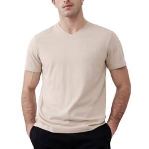 A person is wearing a beige V-neck T-shirt paired with black pants.