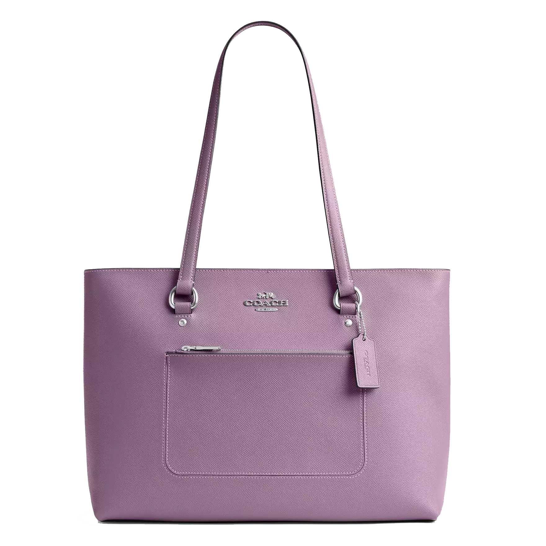 A purple Coach tote bag featuring a front zipper pocket, dual shoulder straps, and a Coach logo tag.