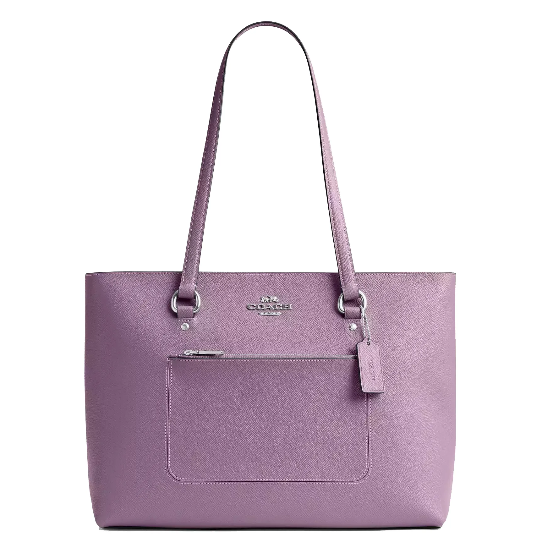 A purple Coach tote bag featuring a front zipper pocket, dual shoulder straps, and a Coach logo tag.