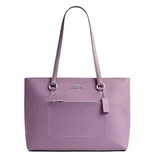 A purple Coach tote bag featuring a front zipper pocket, dual shoulder straps, and a Coach logo tag.