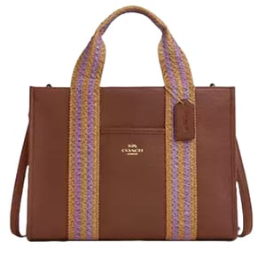 A brown Coach tote bag with purple and gold striped handles, featuring a front pocket with a Coach logo and a hanging tag.