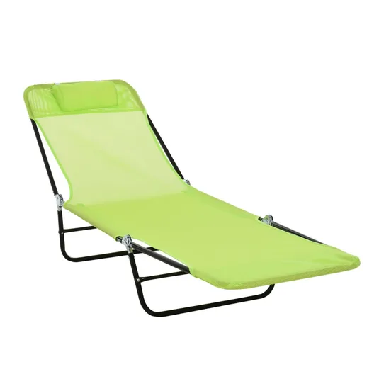 A lime green, foldable outdoor lounger with a mesh fabric surface and black metal frame, featuring an adjustable backrest for comfortable sunbathing or relaxation.