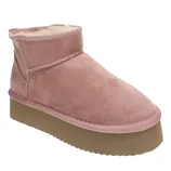 Pink suede ankle-high boot with a thick brown platform sole and plush inner lining.