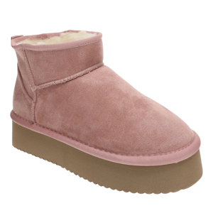 Pink suede ankle-high boot with a thick brown platform sole and plush inner lining.