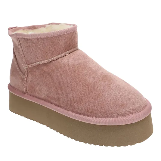 Pink suede ankle-high boot with a thick brown platform sole and plush inner lining.