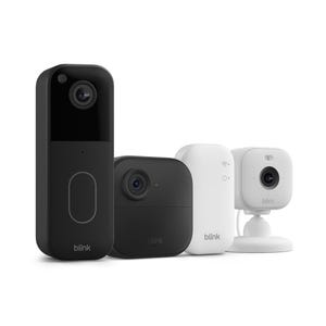 Blink Doorbell and two cameras are shown: one rectangular black doorbell, a black square camera, and a white rounded square camera on a stand, designed for smart home security.