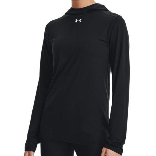 Black Under Armour long-sleeve hoodie with a logo on the chest, featuring a simple and sleek design.