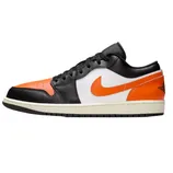 Nike Air Jordan 1 Low with a black, white, and orange color scheme featuring the iconic swoosh and wing logos.
