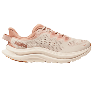 A HOKA pink and beige running shoe with a sculpted midsole, breathable perforated upper, and distinctive pull tab on the heel.