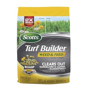 Scotts Turf Builder Weed & Feed bag with yellow and gray colors, promising to clear out dandelions and clover and intended to cover 5,000 sq ft.