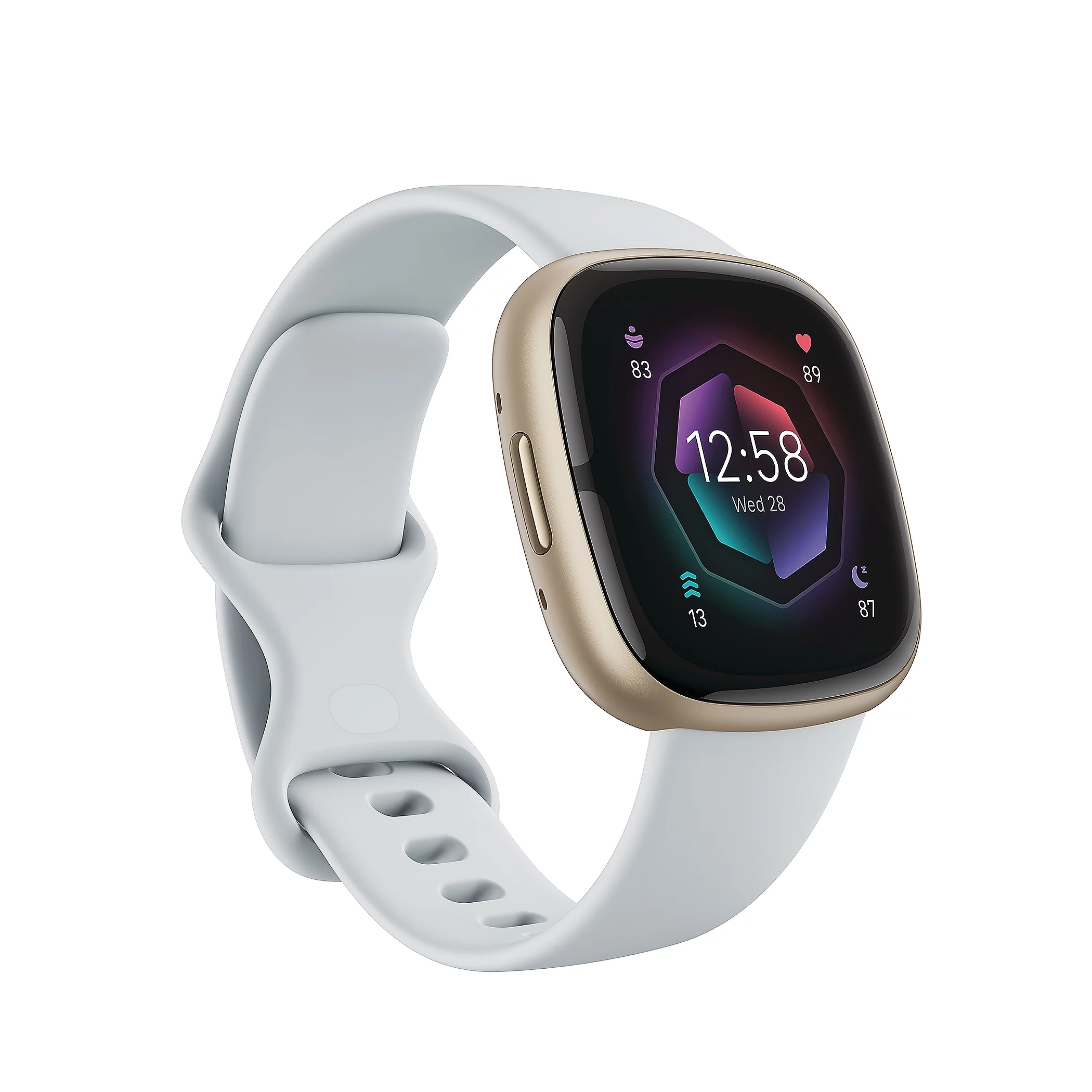 Fitbit Sense 2 is a smartwatch with a gold frame and light blue strap, featuring a rounded square face displaying time, date, and health metrics like heart rate and steps. It's designed for fitness tracking and wellness monitoring.