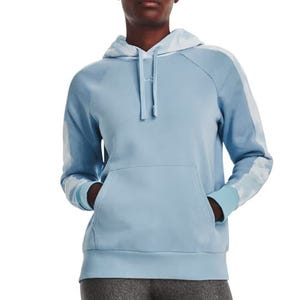 Light blue hoodie with a kangaroo pocket and drawstring hood, featuring white accents on the sleeves. The design includes ribbed cuffs and hem for a snug fit.