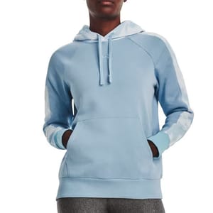 Light blue hoodie with a kangaroo pocket and drawstring hood, featuring white accents on the sleeves. The design includes ribbed cuffs and hem for a snug fit.
