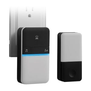 Wireless doorbell set with plug-in receiver and remote button, featuring music note and sound signal icons, and a blue LED indicator.