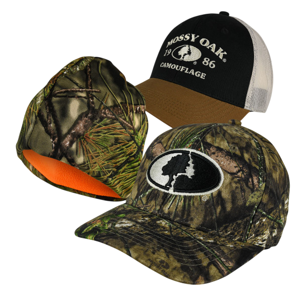 3-pack of Mossy Oak hats featuring camouflage designs: one with an embroidered logo, another with a black and white mesh cap, and a reversible beanie with an orange interior.