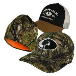 3-pack of Mossy Oak hats featuring camouflage designs: one with an embroidered logo, another with a black and white mesh cap, and a reversible beanie with an orange interior.