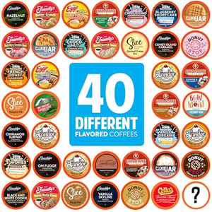 A collection of 40 different flavored coffee pods from various brands like Brooklyn Bean, Friendly's, and Cold Stone. Flavors include hazelnut, butter pecan, blueberry cobbler, and vanilla dream.